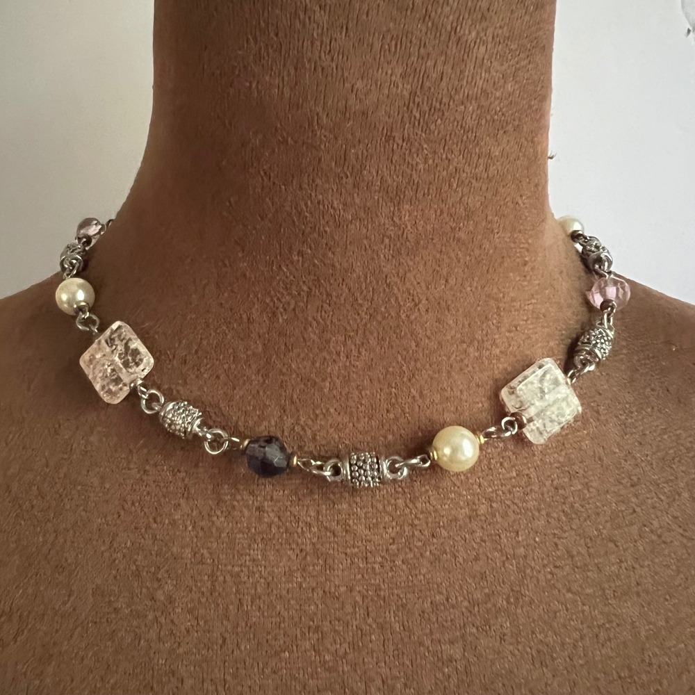 Silver Tone Faux Pearl & Cracked Glass Beaded Necklace 18 Inch Size 18"